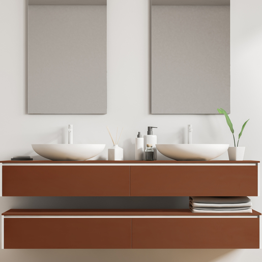White double sink standing on a wooden vanity unit in a white wall bathroom with two vertical mirrors. Relaxation and self care concept. 3d rendering