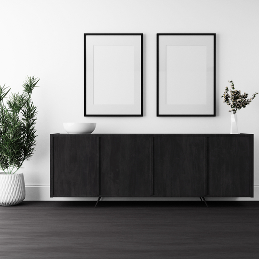 Side credenza table inside interior with white walls