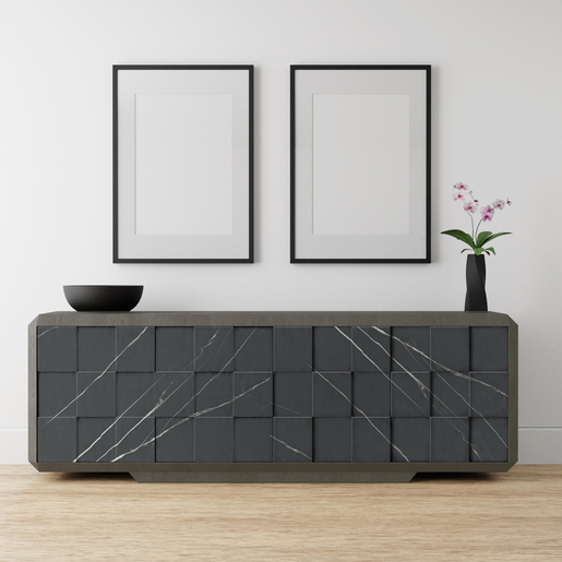 Side credenza table inside interior with white walls